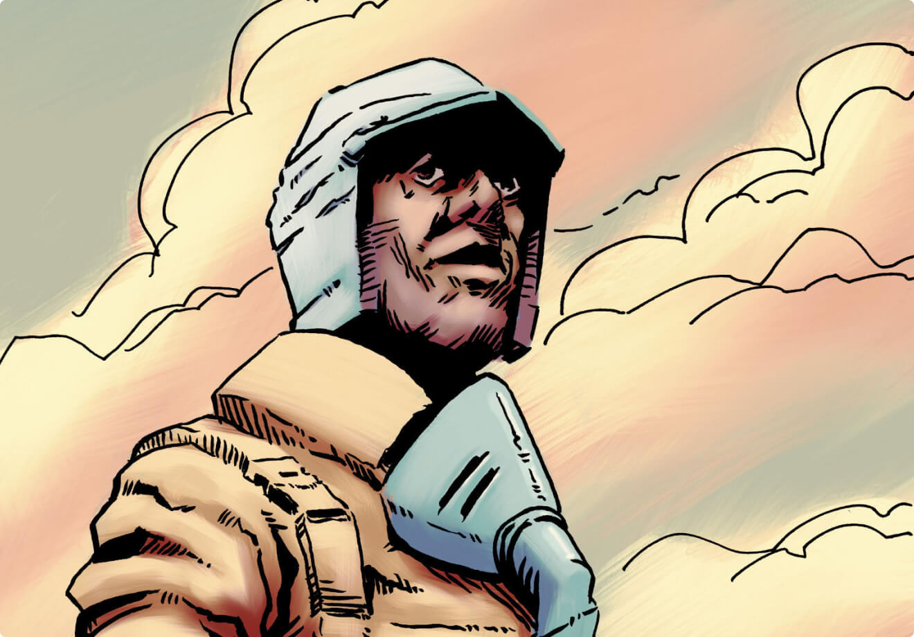 colour illustration of a man wearing a helmet