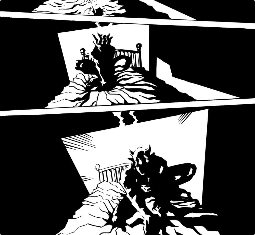 black and white comic book page, showing a demon climbing onto a bed