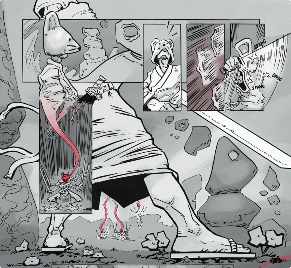 black and white comic page, showing a samurai wearing a mouse mask holding a samurai sword
