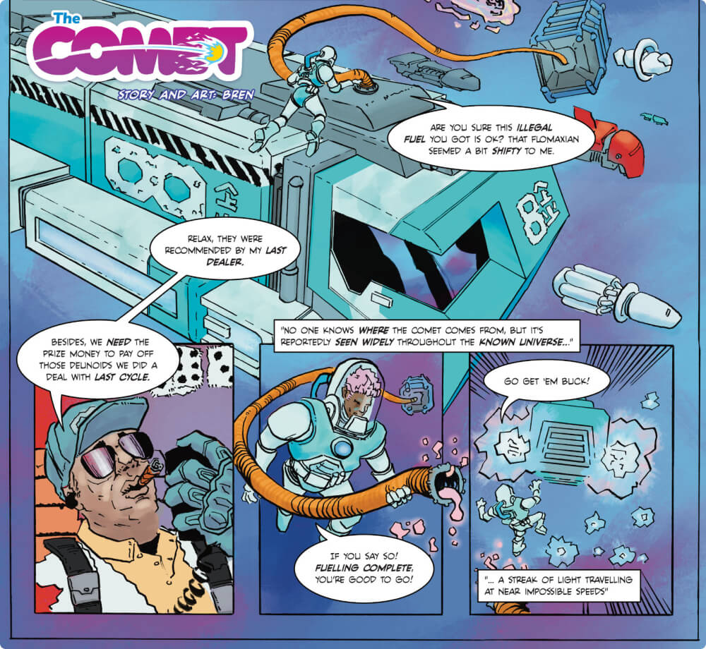 A colour comic page, showing a spaceship refueling in space