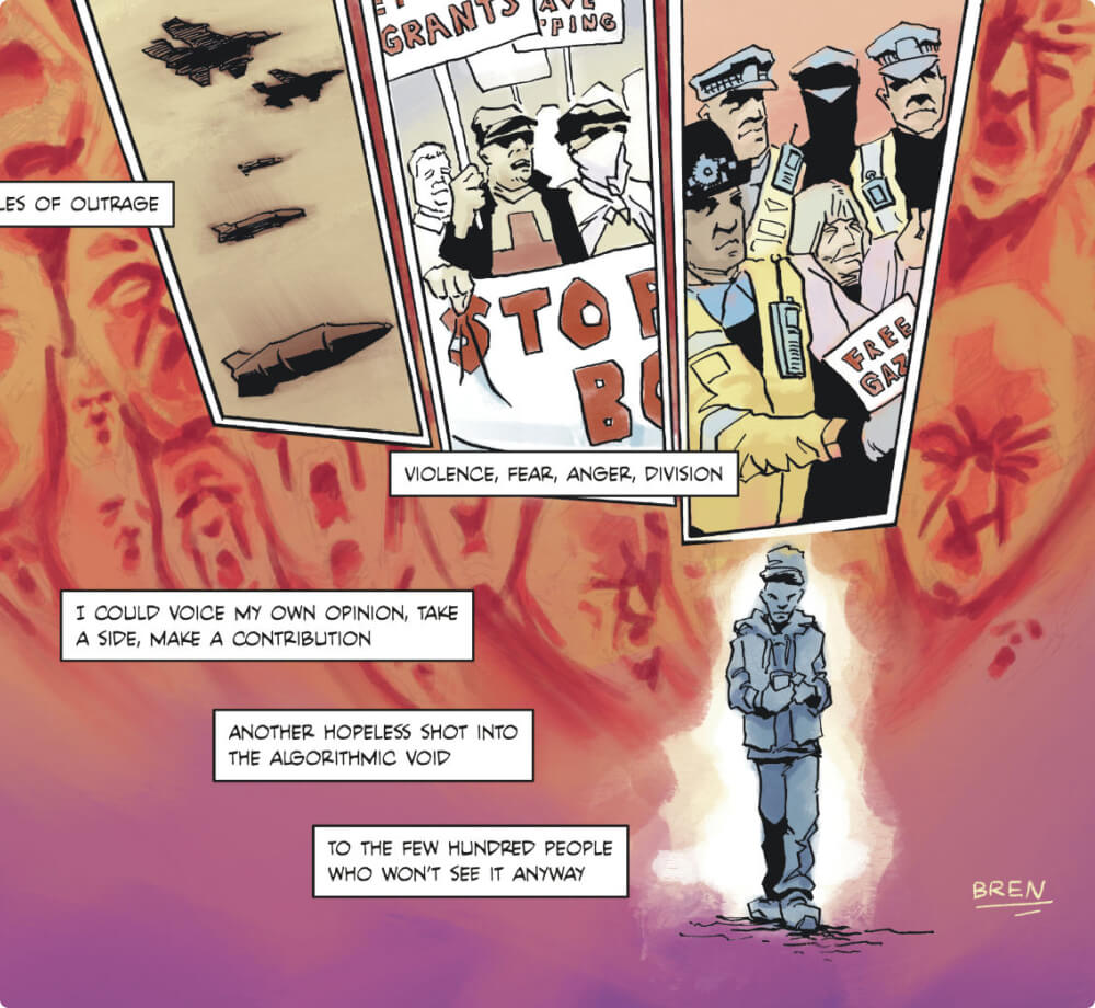 Colour comic book page, showing a man walking alone loading=